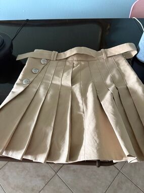 Maje Beige Pleated Mini Skirt with Decorative Buttons